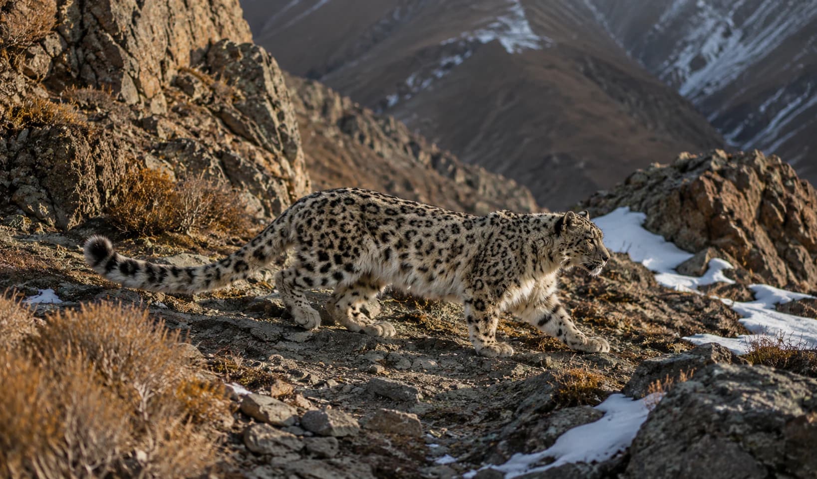 A snow leopard walking across a rocky Mongolian mountain slope
