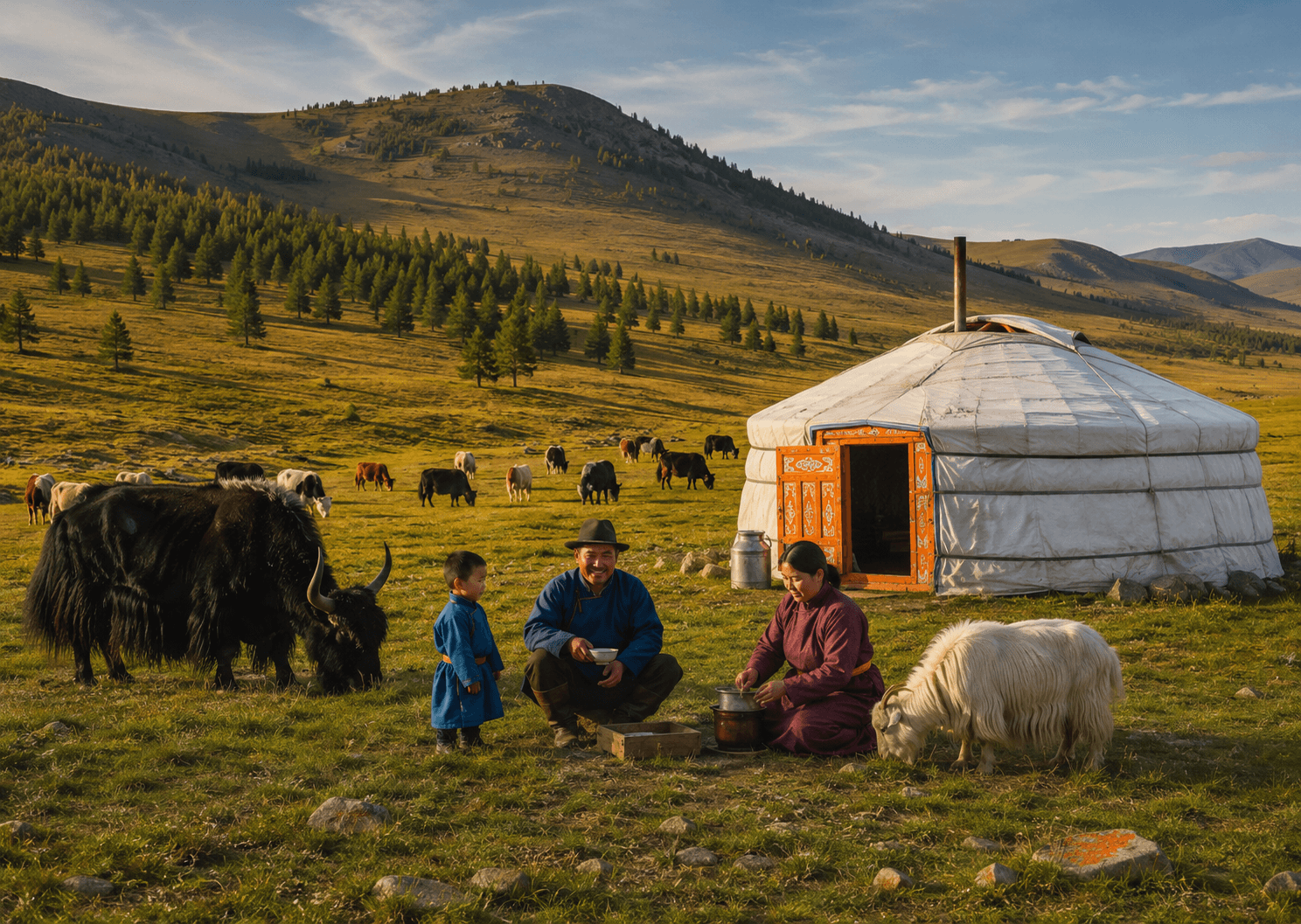 A nomadic family beside their ger and livestock in Mongolia